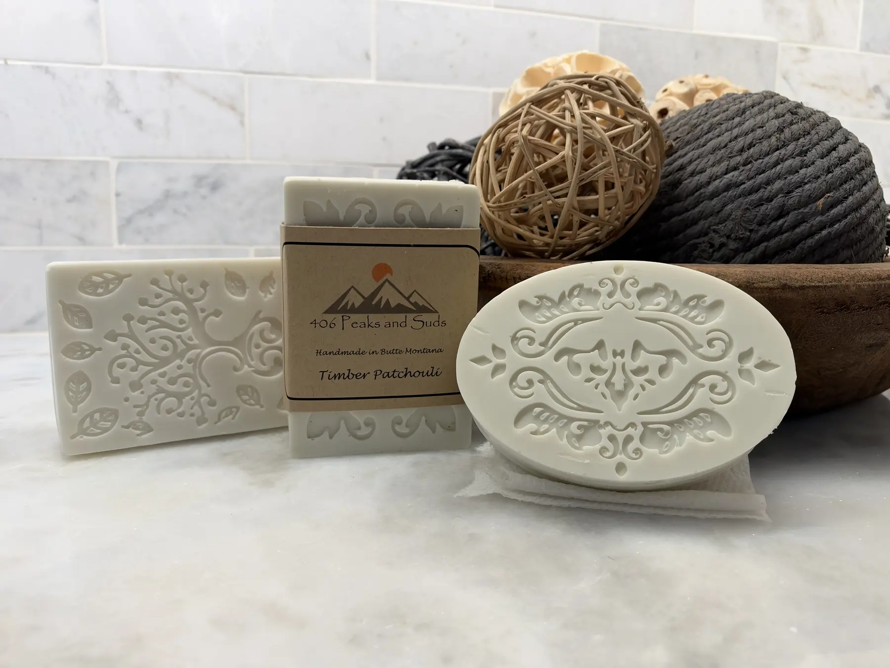 Timber Patchouli handmade soap display